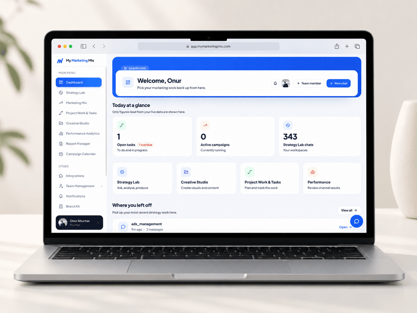 My Marketing Mix — AI-native marketing operating system interface